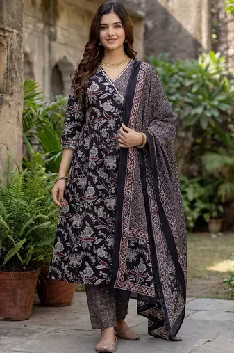 Women Floral Printed Angrakha Pure Cotton Kurta with Trousers & With Dupatta