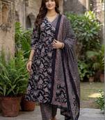 Women Floral Printed Angrakha Pure Cotton Kurta with Trousers & With Dupatta