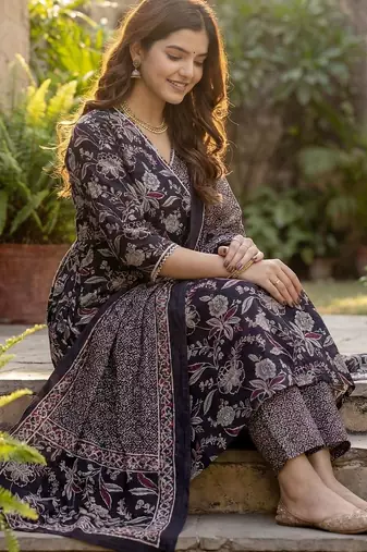 Women Floral Printed Angrakha Pure Cotton Kurta with Trousers & With Dupatta