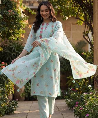 Women Floral Printed Regular Thread Work Linen Kurta with Trousers & With Dupatta 1