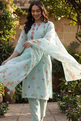 Women Floral Printed Regular Thread Work Linen Kurta with Trousers & With Dupatta