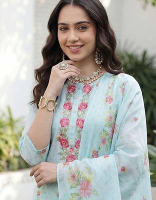 Women Floral Printed Regular Thread Work Linen Kurta with Trousers & With Dupatta 2