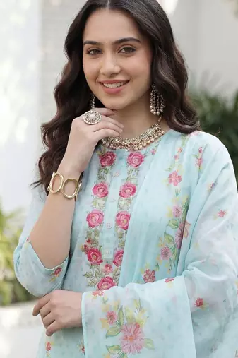 Women Floral Printed Regular Thread Work Linen Kurta with Trousers & With Dupatta