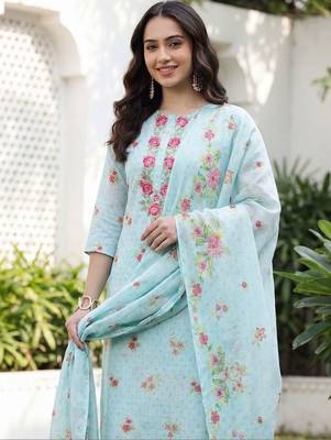 Women Floral Printed Regular Thread Work Linen Kurta with Trousers & With Dupatta 4