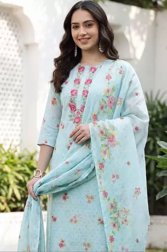 Women Floral Printed Regular Thread Work Linen Kurta with Trousers & With Dupatta