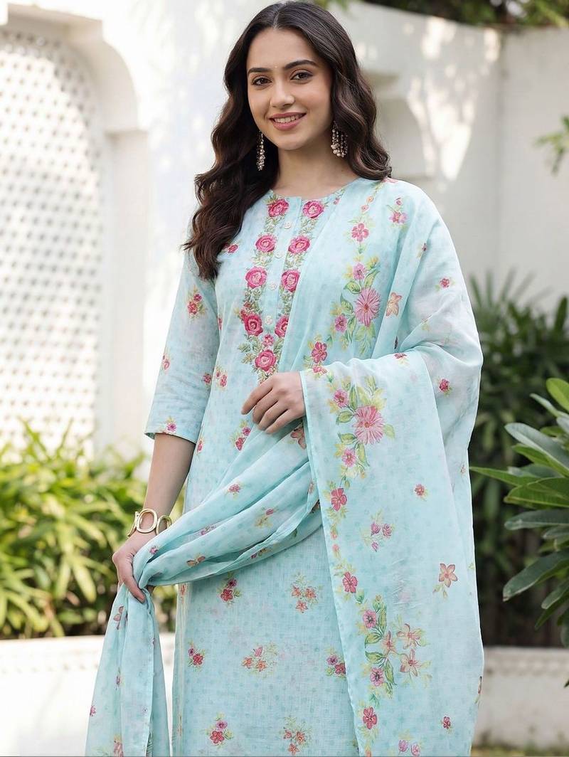 Women Floral Printed Regular Thread Work Linen Kurta with Trousers & With Dupatta