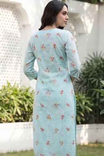 Women Floral Printed Regular Thread Work Linen Kurta with Trousers & With Dupatta