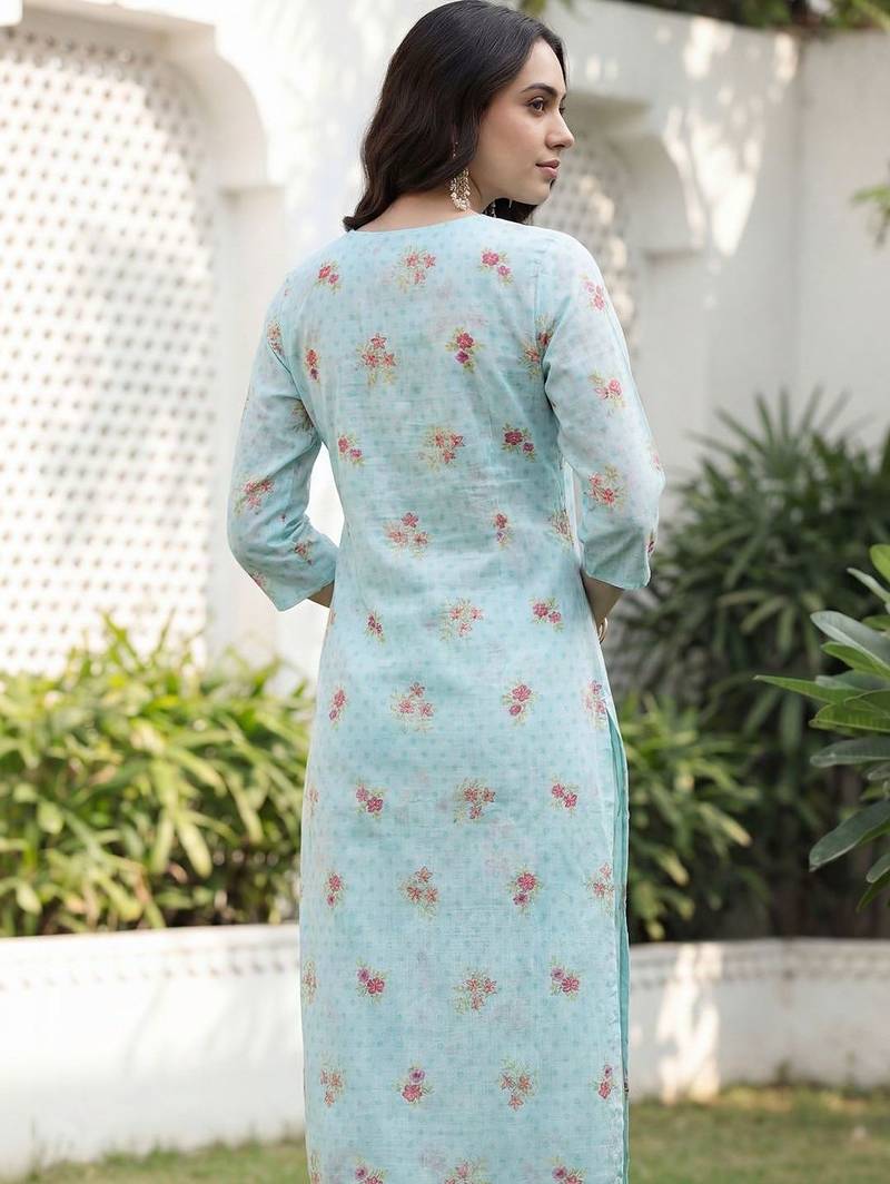Women Floral Printed Regular Thread Work Linen Kurta with Trousers & With Dupatta