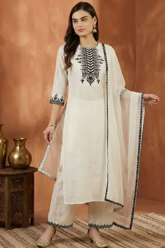 Women Ethnic Motifs Embroidered Regular Thread Work Kurta with Palazzos & With Dupatta