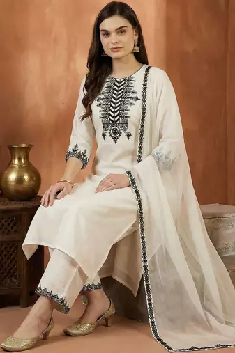 Women Ethnic Motifs Embroidered Regular Thread Work Kurta with Palazzos & With Dupatta