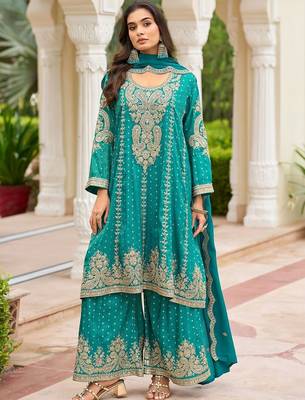 Women Ethnic Motifs Embroidered Regular Thread Work Kurta with Sharara & With Dupatta 1