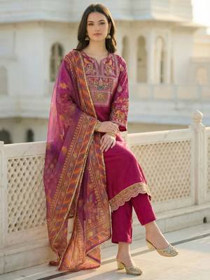 Women Ethnic Motifs Embroidered Regular Thread Work Kurta with Trousers & With Dupatta 1