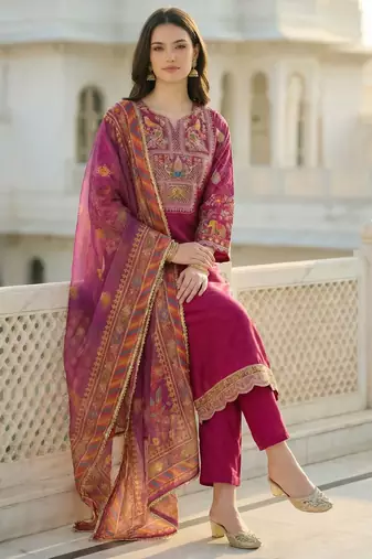 Women Ethnic Motifs Embroidered Regular Thread Work Kurta with Trousers & With Dupatta
