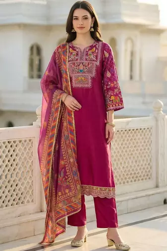 Women Ethnic Motifs Embroidered Regular Thread Work Kurta with Trousers & With Dupatta