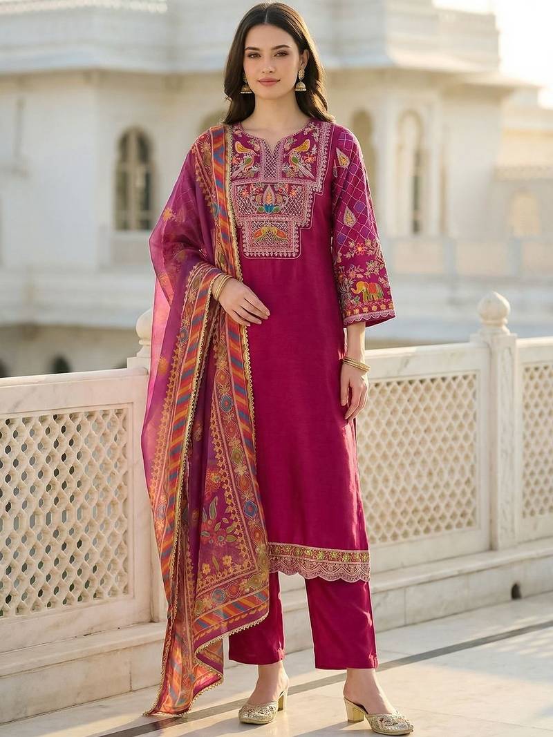 Women Ethnic Motifs Embroidered Regular Thread Work Kurta with Trousers & With Dupatta