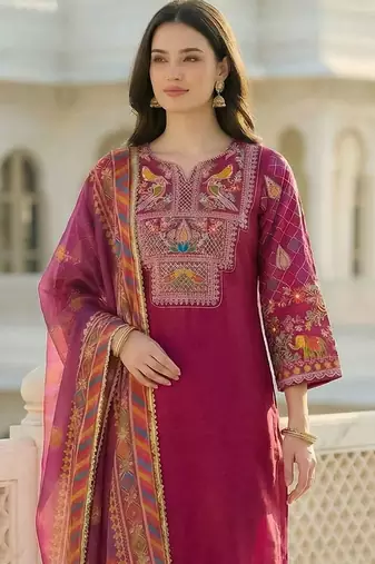 Women Ethnic Motifs Embroidered Regular Thread Work Kurta with Trousers & With Dupatta