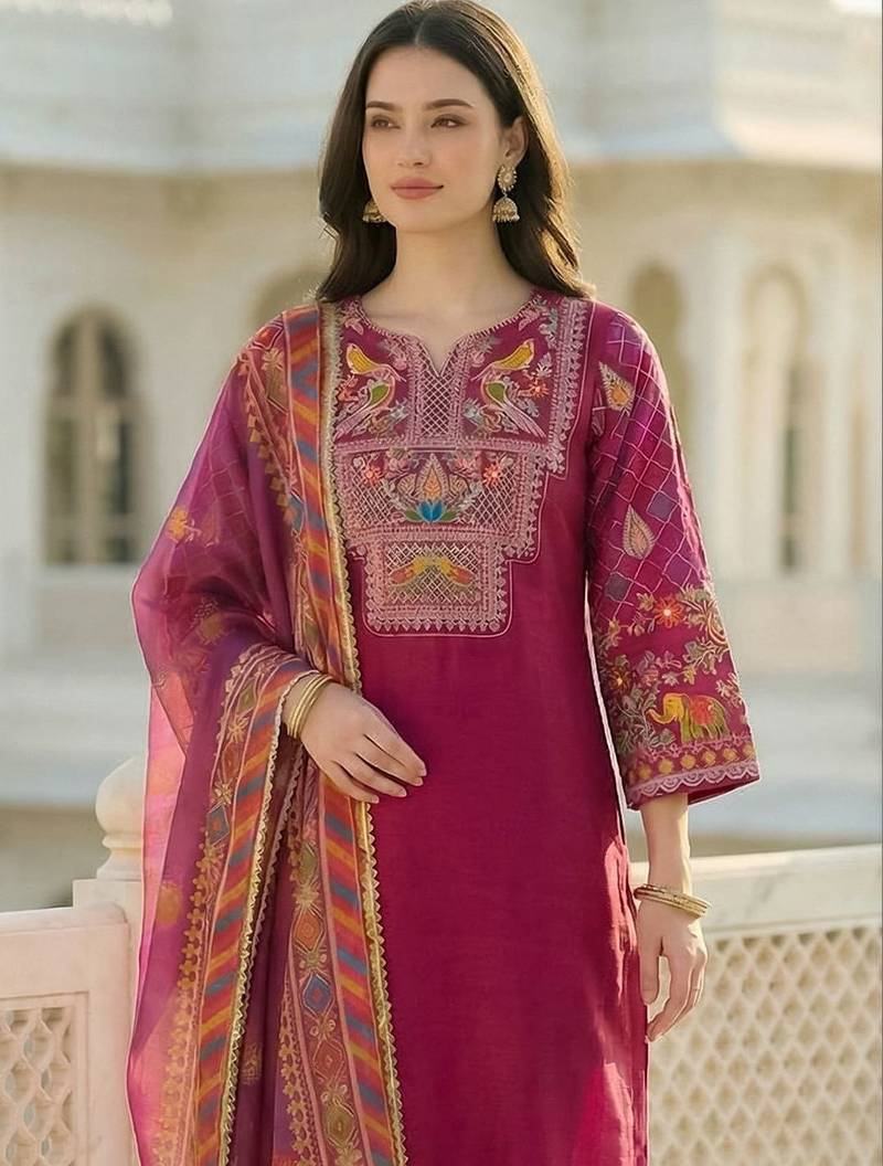 Women Ethnic Motifs Embroidered Regular Thread Work Kurta with Trousers & With Dupatta