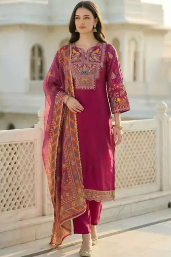 Women Ethnic Motifs Embroidered Regular Thread Work Kurta with Trousers & With Dupatta