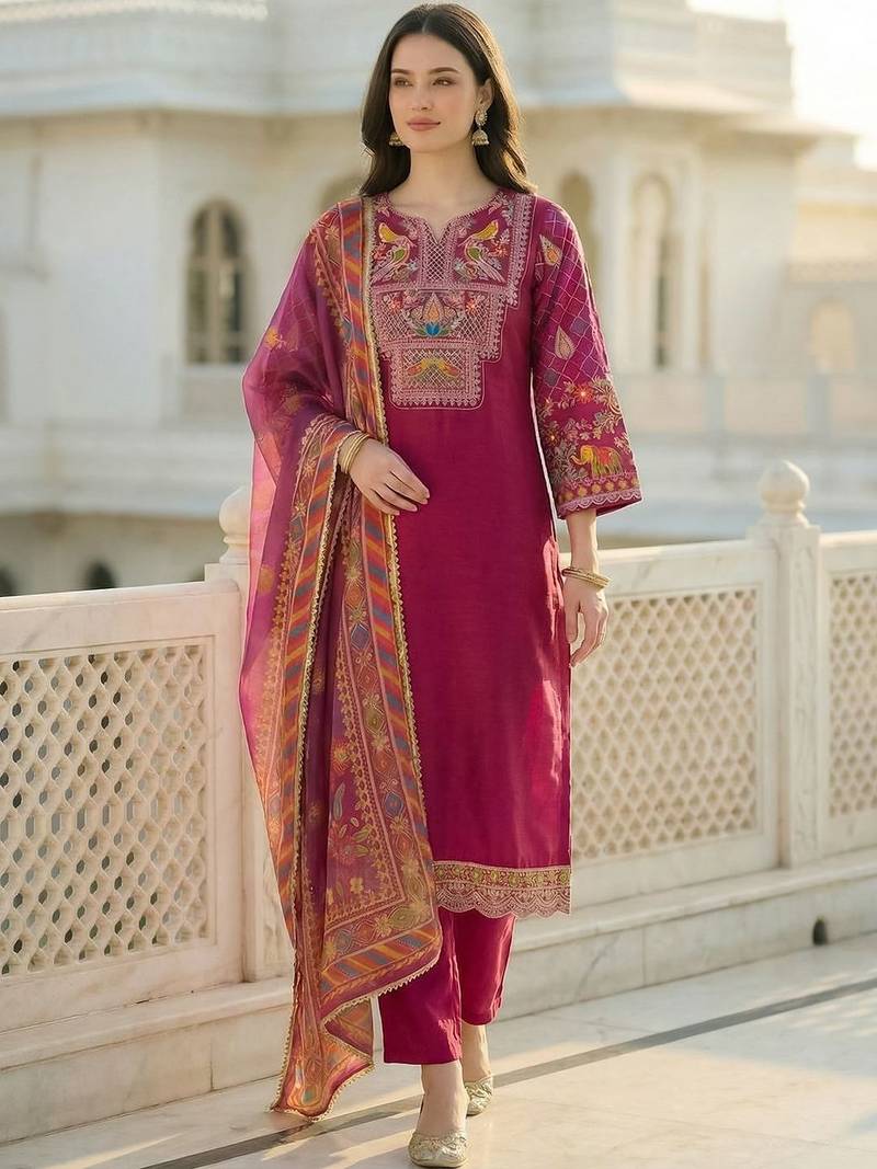 Women Ethnic Motifs Embroidered Regular Thread Work Kurta with Trousers & With Dupatta