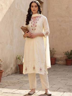 Women Ethnic Motifs Embroidered Regular Thread Work Pure Cotton Kurta with Trousers & With Dupatta 6