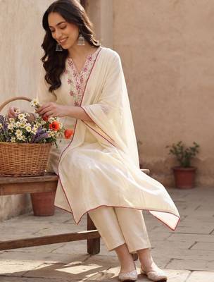 Women Ethnic Motifs Embroidered Regular Thread Work Pure Cotton Kurta with Trousers & With Dupatta 7