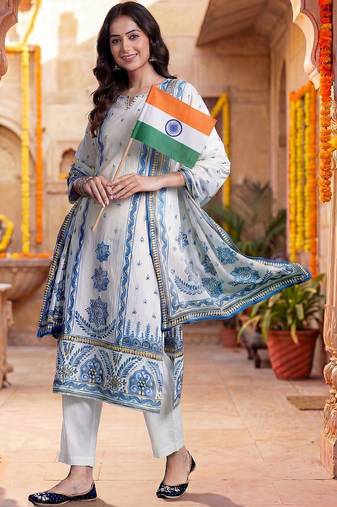 Women Ethnic Motifs Printed Regular Pure Cotton Kurta with Trousers & With Dupatta