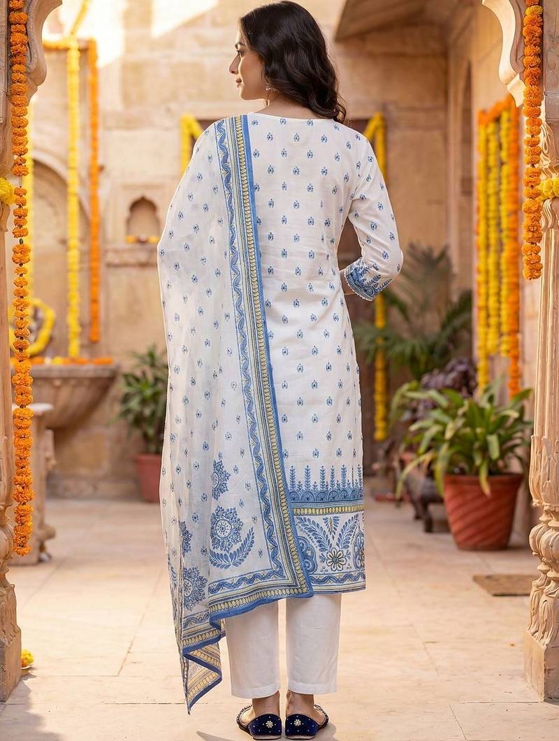 Women Ethnic Motifs Printed Regular Pure Cotton Kurta with Trousers & With Dupatta
