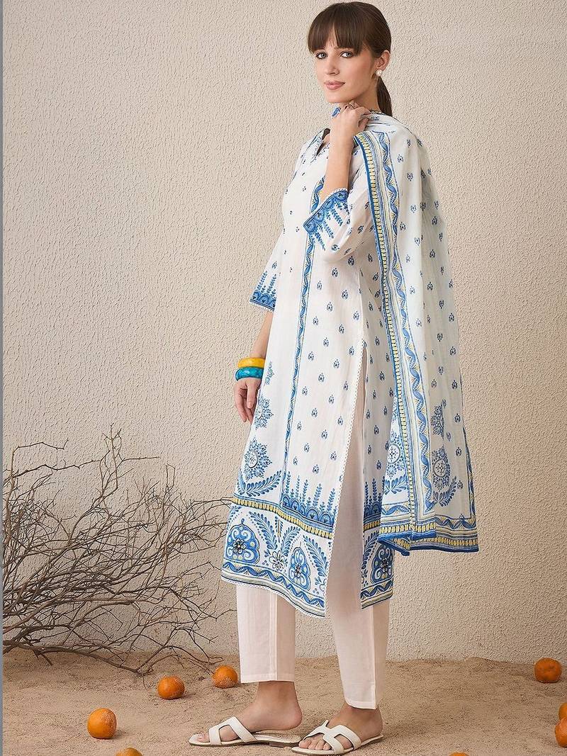 Women Ethnic Motifs Printed Regular Pure Cotton Kurta with Trousers & With Dupatta