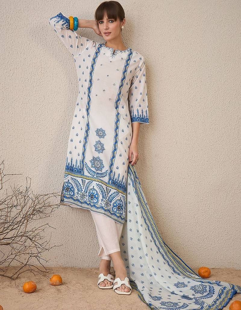 Women Ethnic Motifs Printed Regular Pure Cotton Kurta with Trousers & With Dupatta