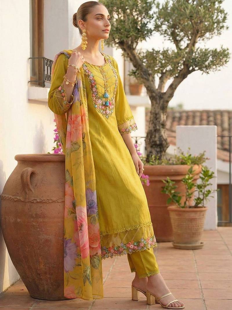 Women Floral Embroidered Regular Beads and Stones Liva Kurta with Trousers & With Dupatta