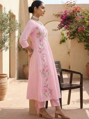 Women Floral Embroidered Empire Thread Work Pure Cotton Kurta with Trousers & With Dupatta 4