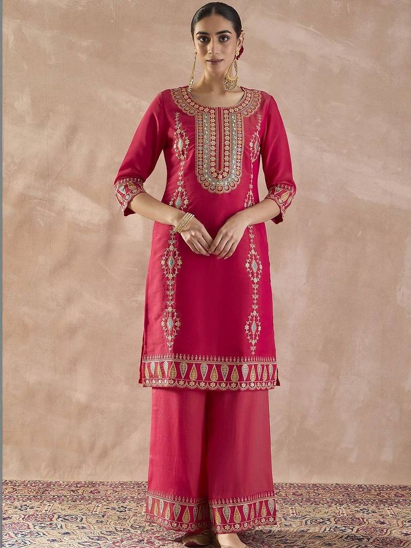 Women Ethnic Motifs Embroidered Regular Sequinned Kurta with Palazzos & With Dupatta