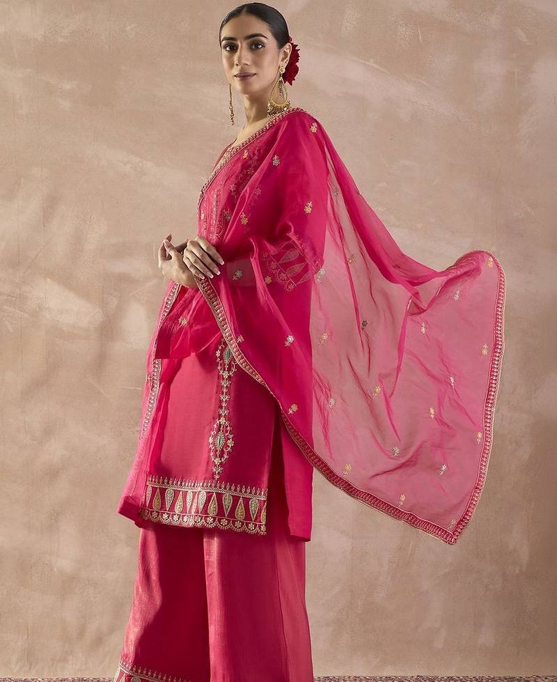 Women Ethnic Motifs Embroidered Regular Sequinned Kurta with Palazzos & With Dupatta