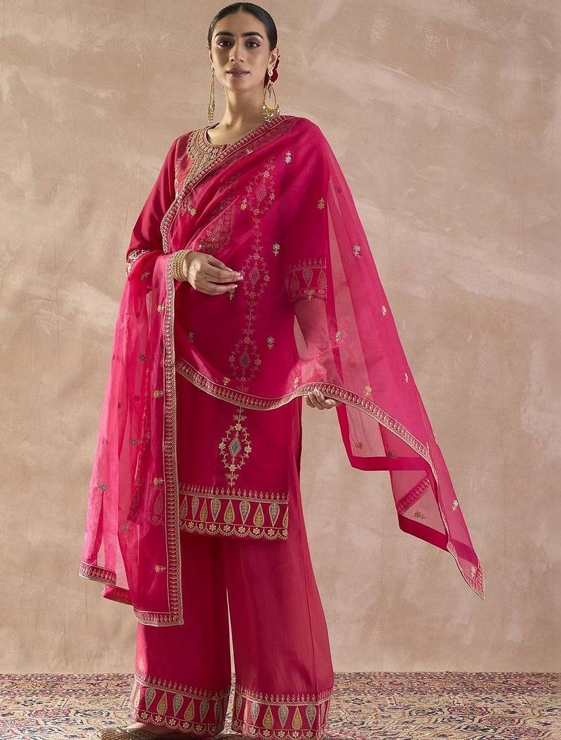 Women Ethnic Motifs Embroidered Regular Sequinned Kurta with Palazzos & With Dupatta