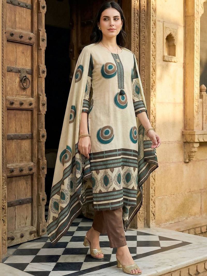 Women Printed Regular Pure Cotton Kurta with Trousers & With Dupatta