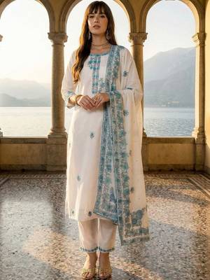 Women Ethnic Motifs Embroidered Regular Thread Work Pure Cotton Kurta with Trousers & With Dupatta 1