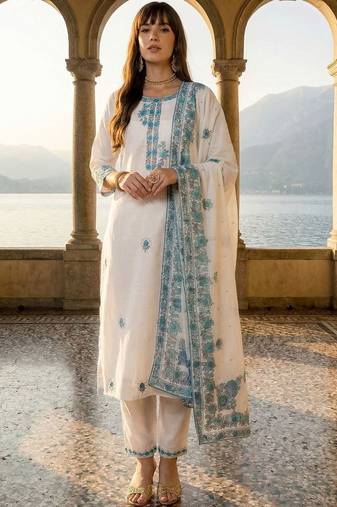 Women Ethnic Motifs Embroidered Regular Thread Work  Cotton Kurta with Trousers & With Dupatta
