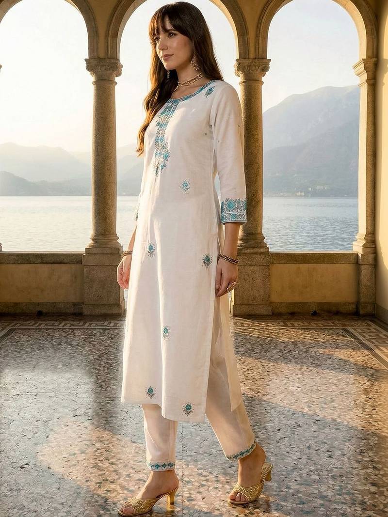 Women Ethnic Motifs Embroidered Regular Thread Work Pure Cotton Kurta with Trousers & With Dupatta
