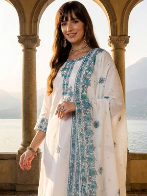 Women Ethnic Motifs Embroidered Regular Thread Work Pure Cotton Kurta with Trousers & With Dupatta 5