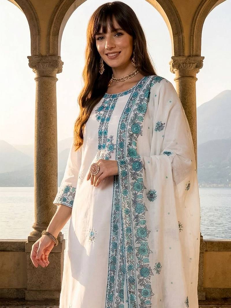 Women Ethnic Motifs Embroidered Regular Thread Work Pure Cotton Kurta with Trousers & With Dupatta