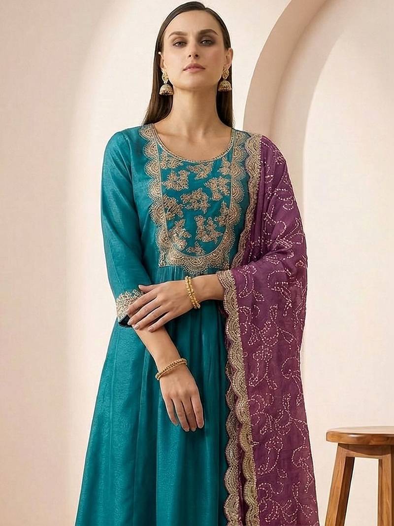 Women Ethnic Motifs Embroidered Panelled Thread Work Kurta with Trousers & With Dupatta