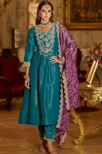 Women Ethnic Motifs Embroidered Panelled Thread Work Kurta with Trousers & With Dupatta