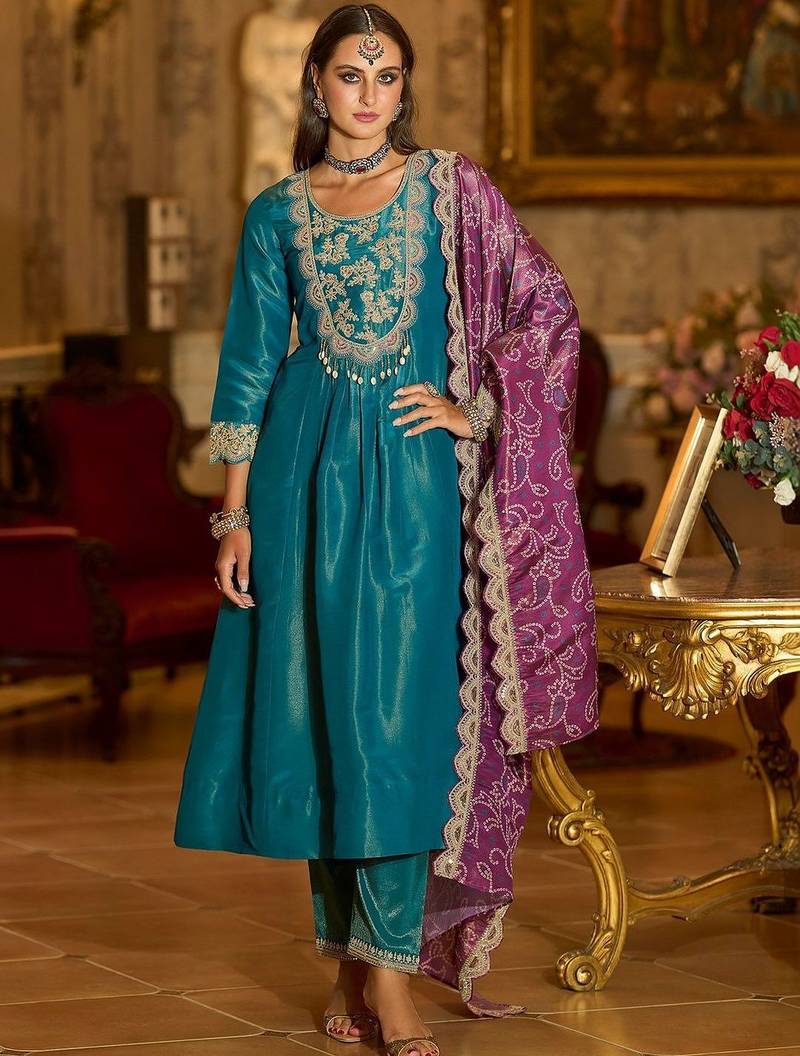 Women Ethnic Motifs Embroidered Panelled Thread Work Kurta with Trousers & With Dupatta