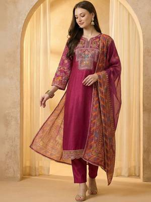 Women Ethnic Motifs Embroidered Regular Thread Work Kurta with Trousers & With Dupatta 1