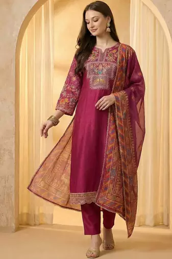 Women Ethnic Motifs Embroidered Regular Thread Work Kurta with Trousers & With Dupatta