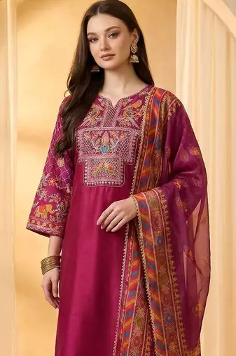 Women Ethnic Motifs Embroidered Regular Thread Work Kurta with Trousers & With Dupatta