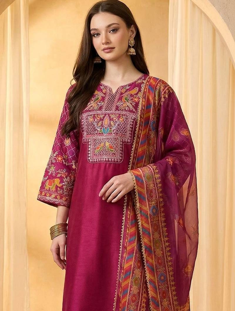 Women Ethnic Motifs Embroidered Regular Thread Work Kurta with Trousers & With Dupatta