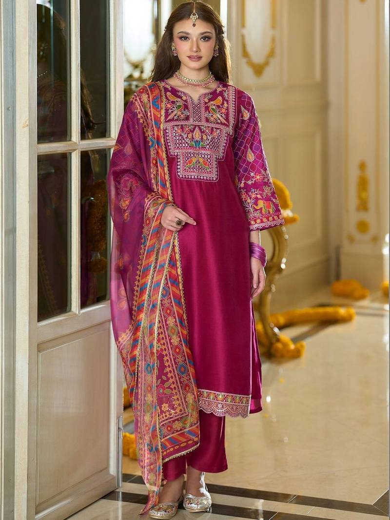 Women Ethnic Motifs Embroidered Regular Thread Work Kurta with Trousers & With Dupatta