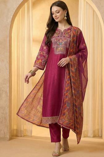 Women Ethnic Motifs Embroidered Regular Sequinned Kurta with Trousers & With Dupatta