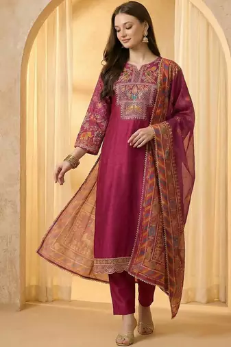 Women Ethnic Motifs Embroidered Regular Sequinned Kurta with Trousers & With Dupatta